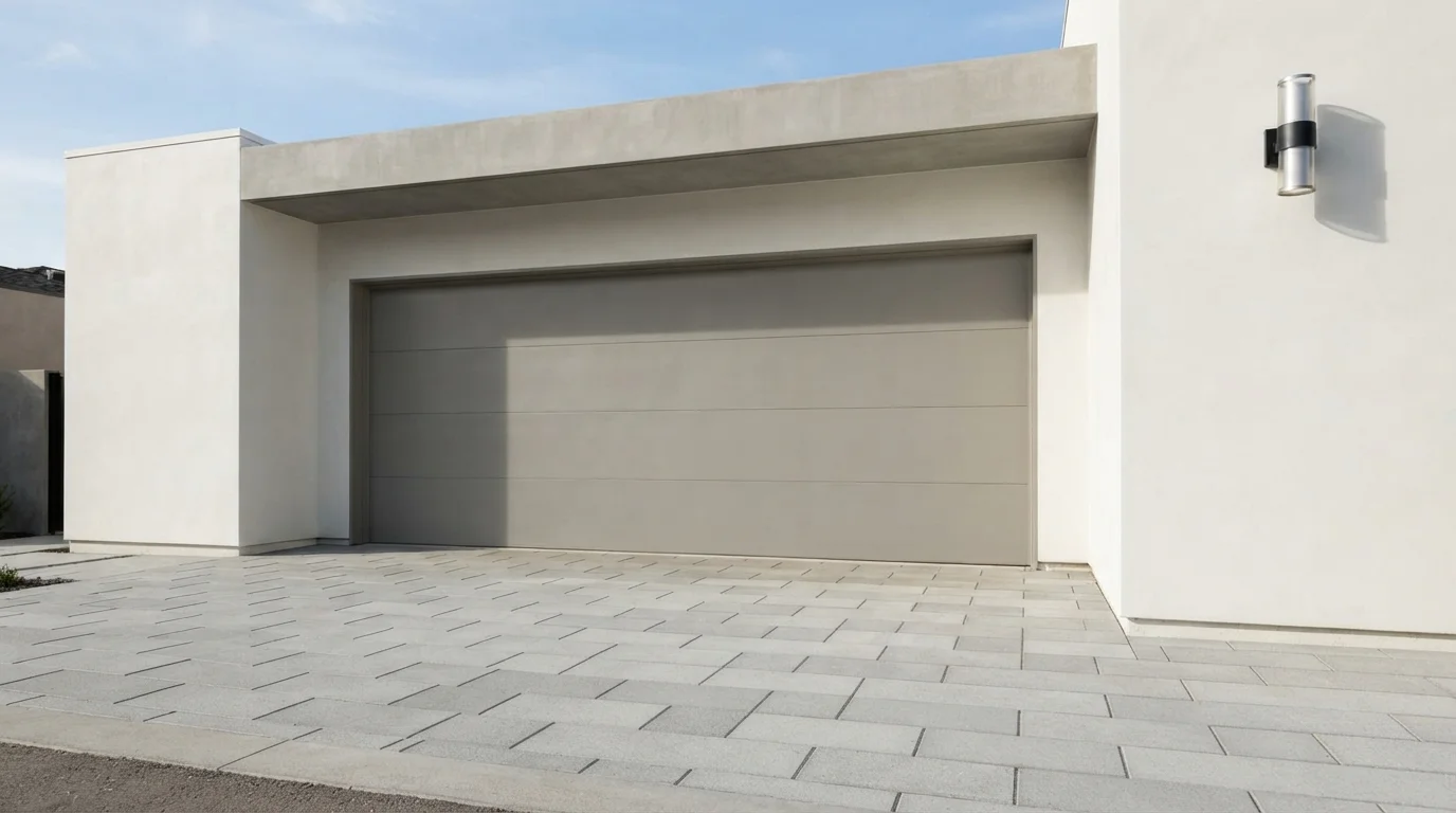 Modern Greige Garage — gray garage door painted in Hot Stone
