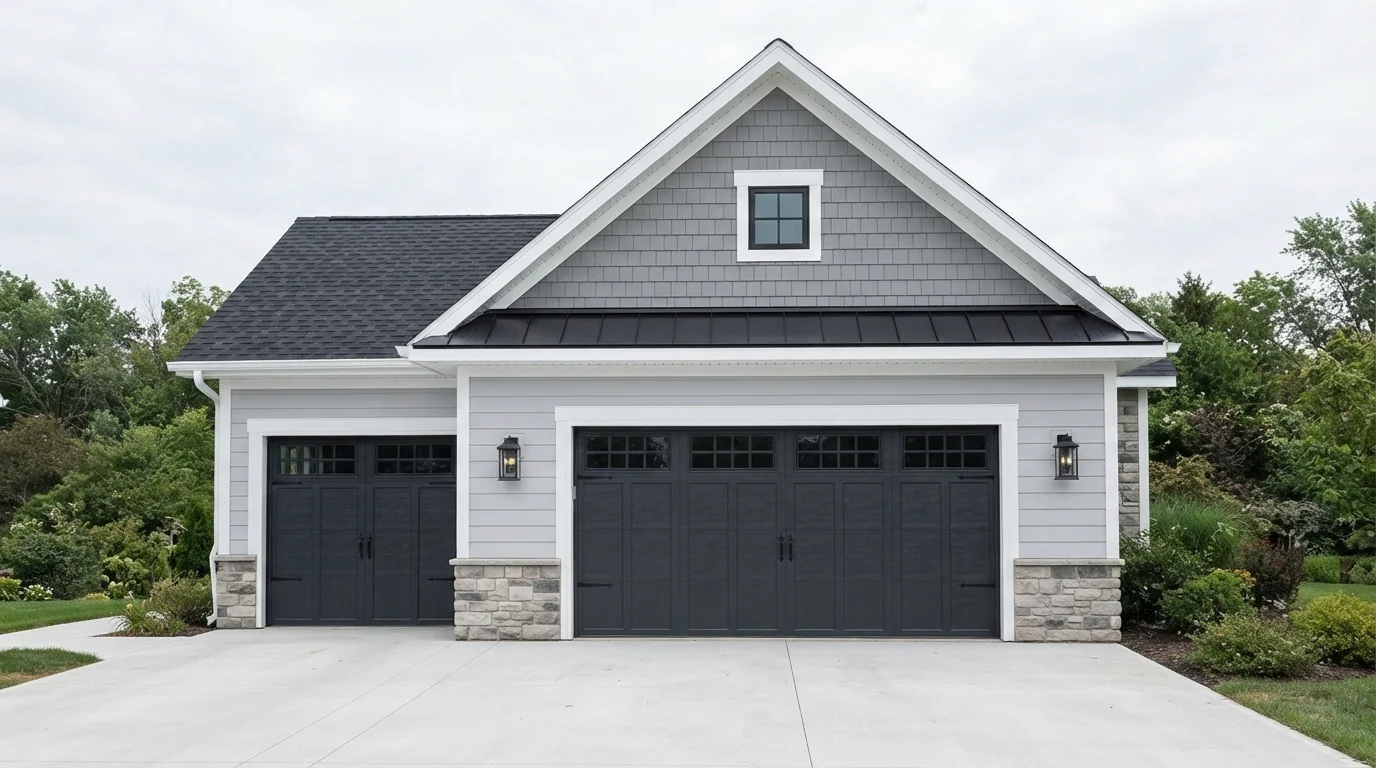 Slate and Stone Exterior — gray garage door painted in Paparazzi Flash