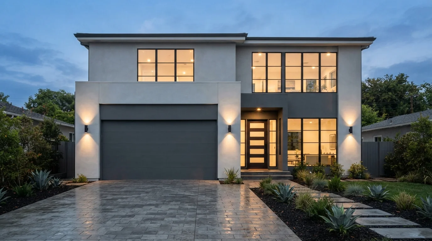 Twilight Modern Facade — gray garage door painted in Metropolis