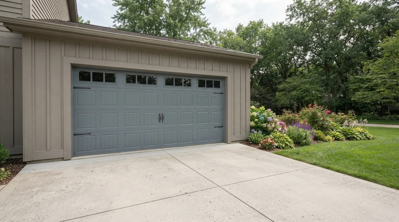 Slate Gray Elevation — gray garage door painted in Jules