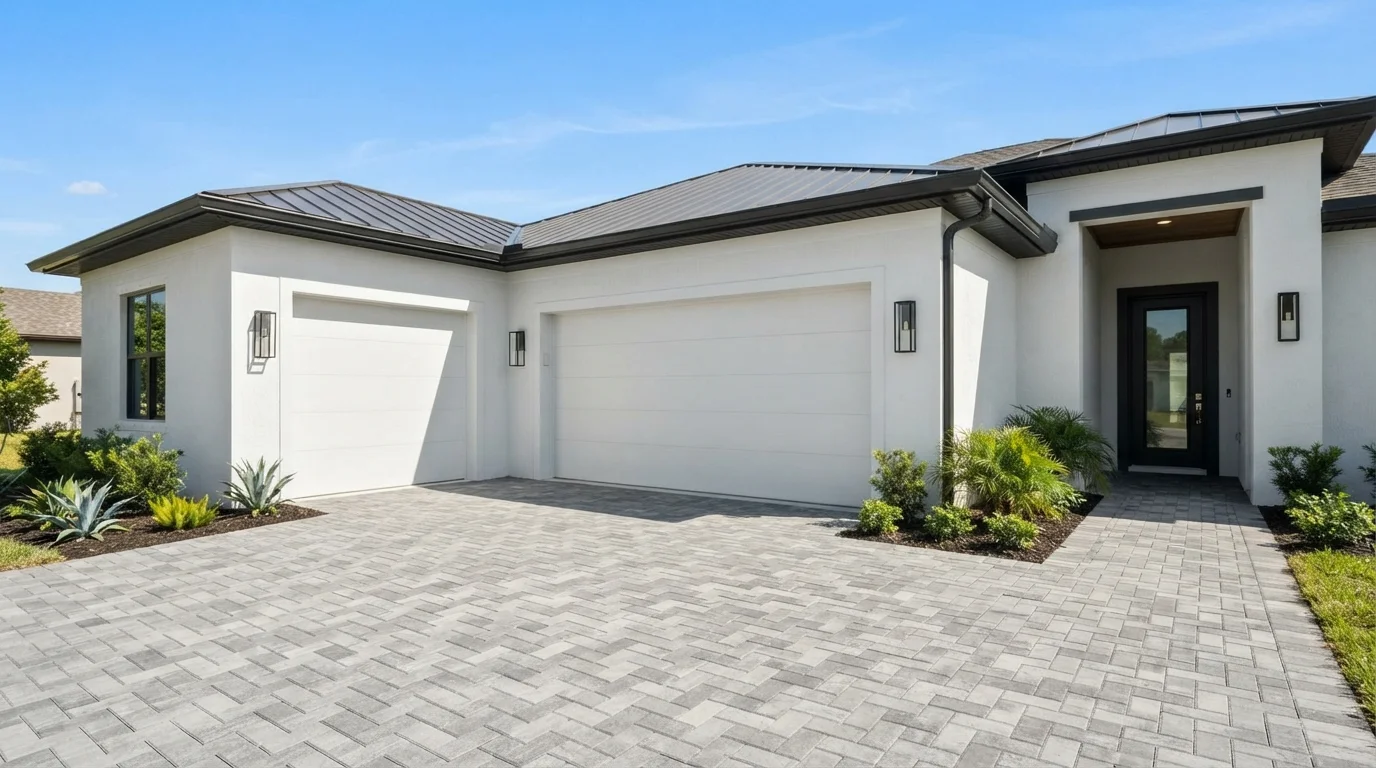 Crisp Coastal Stucco — white garage door painted in Lighthouse