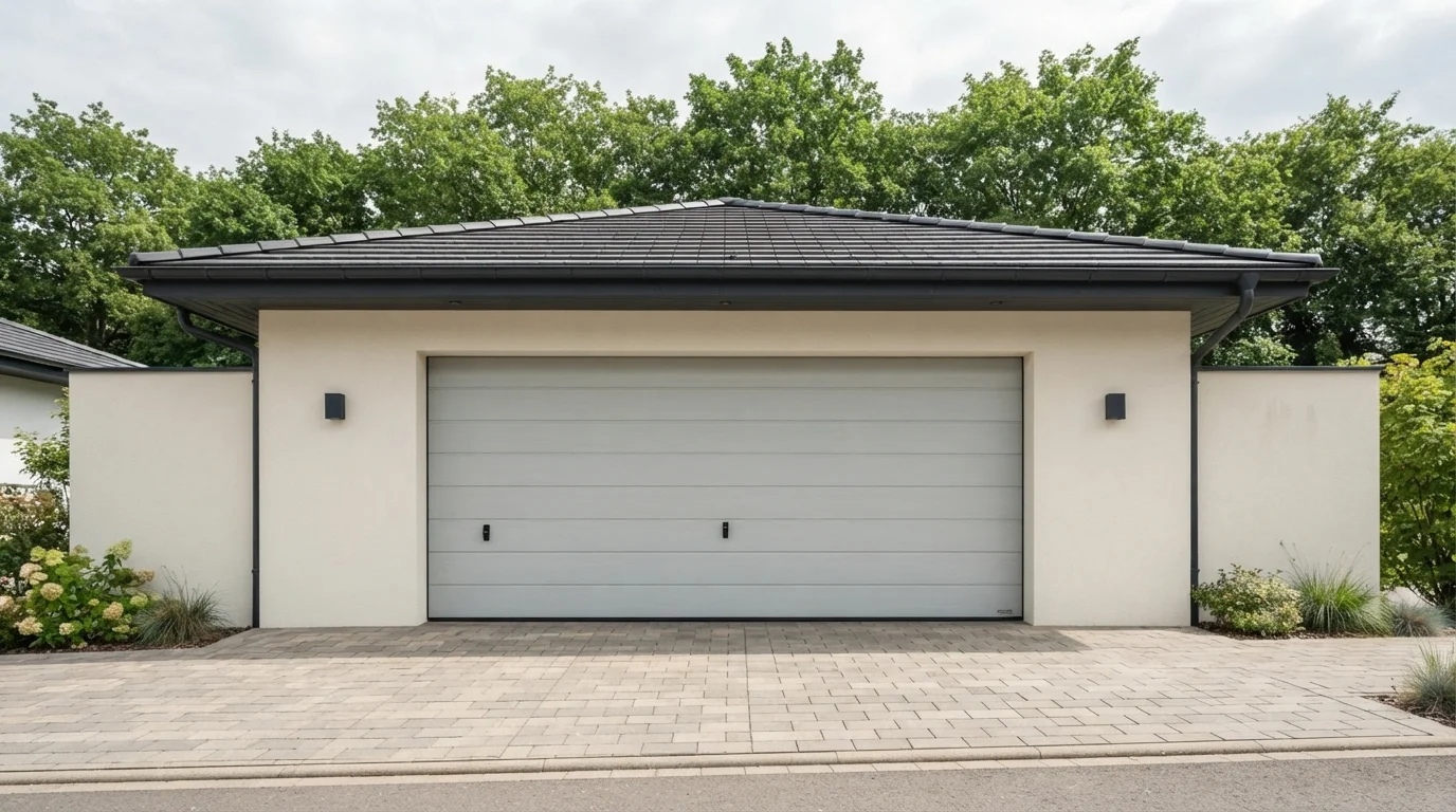 Cream and Slate Driveway — white garage door painted in Antique White