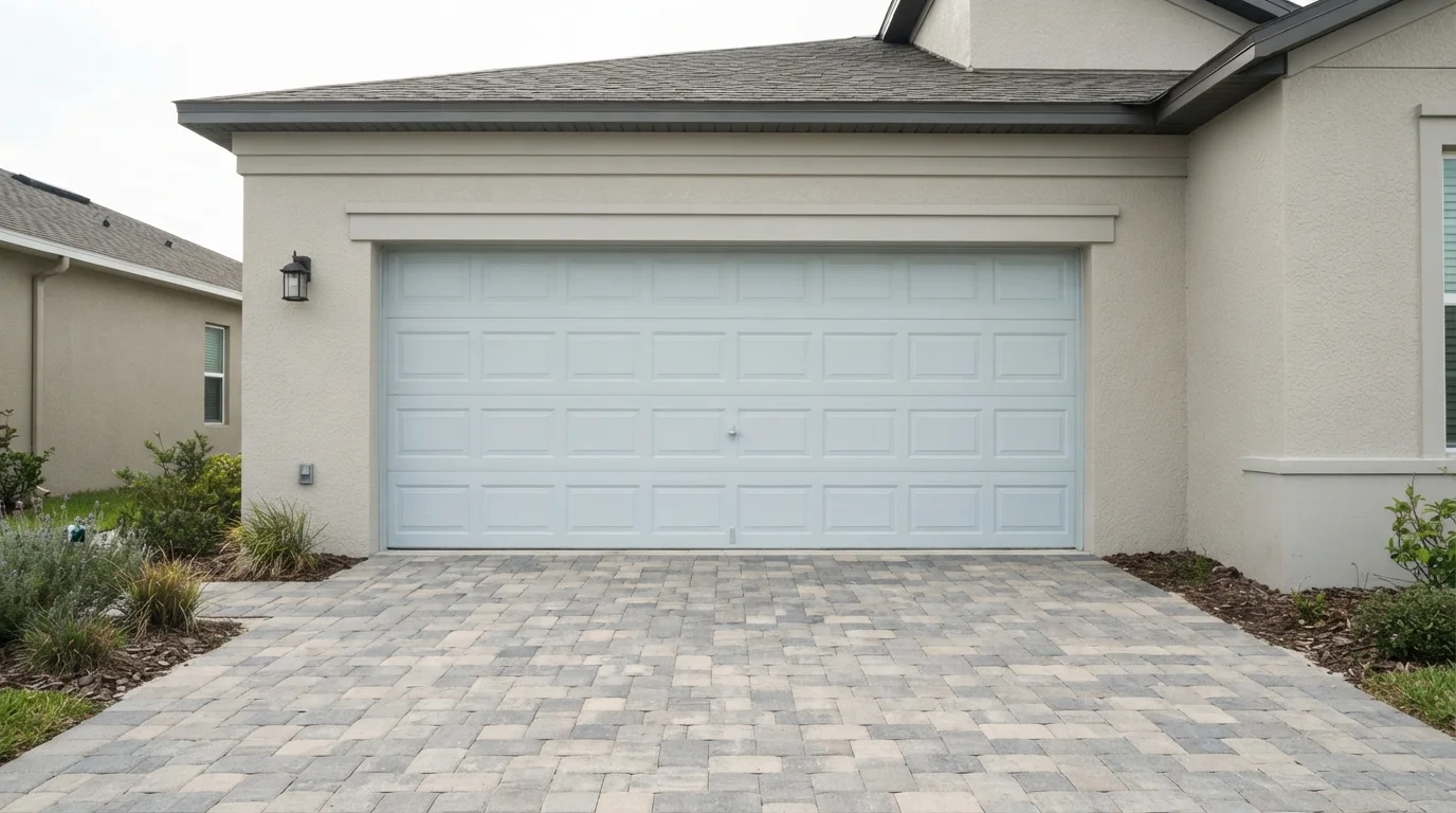 Crisp Neutral Curb — white garage door painted in Elusive Blue
