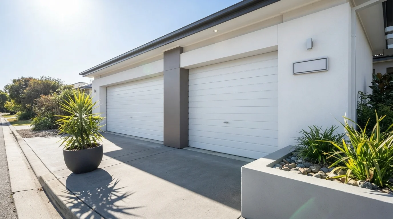 Bright Coastal Modern — white garage door painted in White Glove