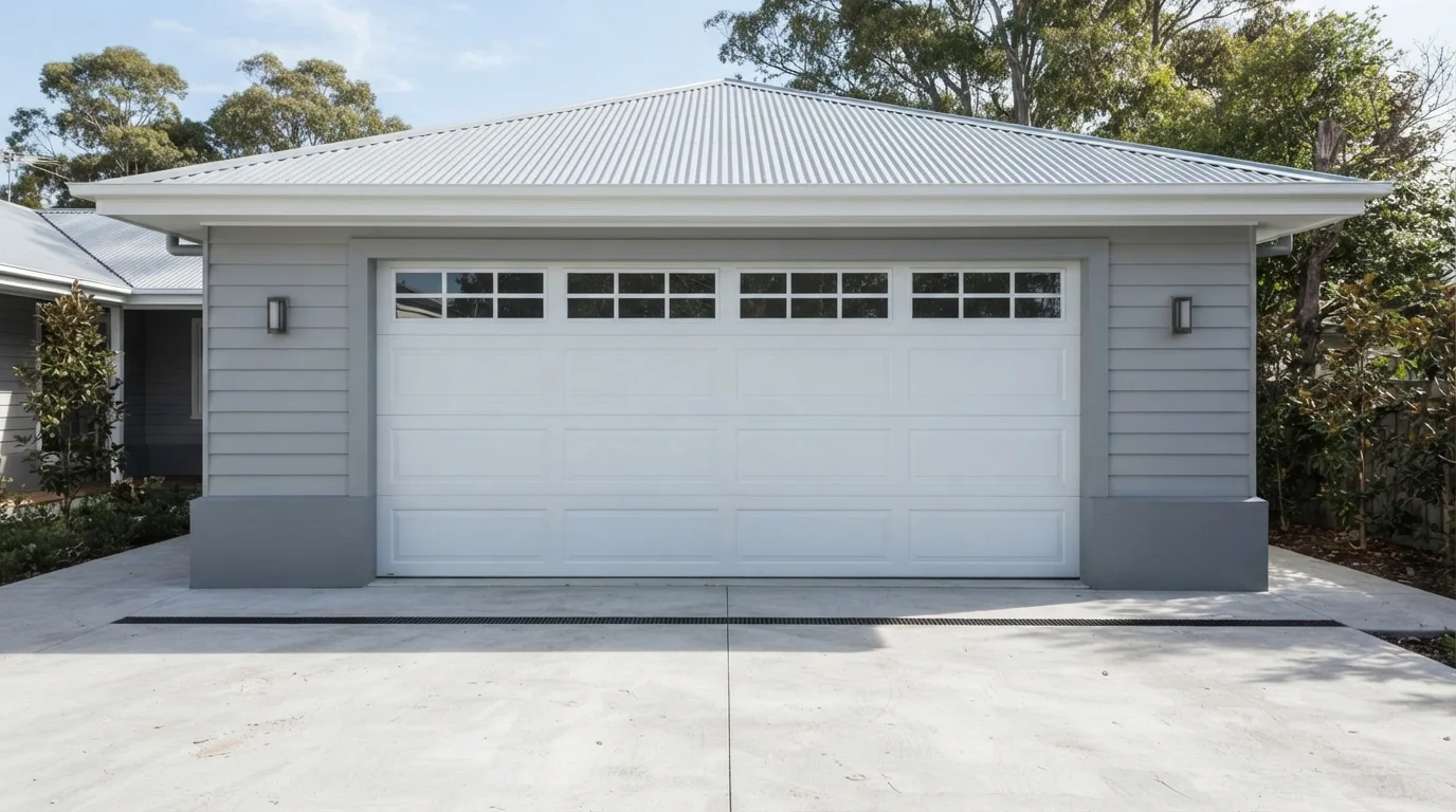 Crisp Coastal Carriage — white garage door painted in Igloo