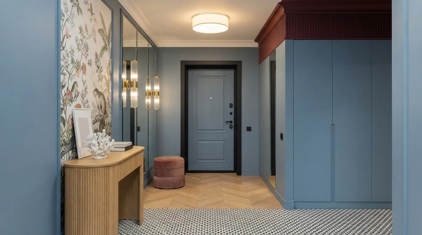 Slate and Burgundy Entry — blue hallway painted in Greek Blue