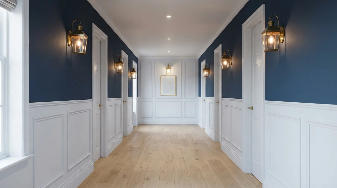 Navy and White Corridor — blue hallway painted in Nocturnal Sea