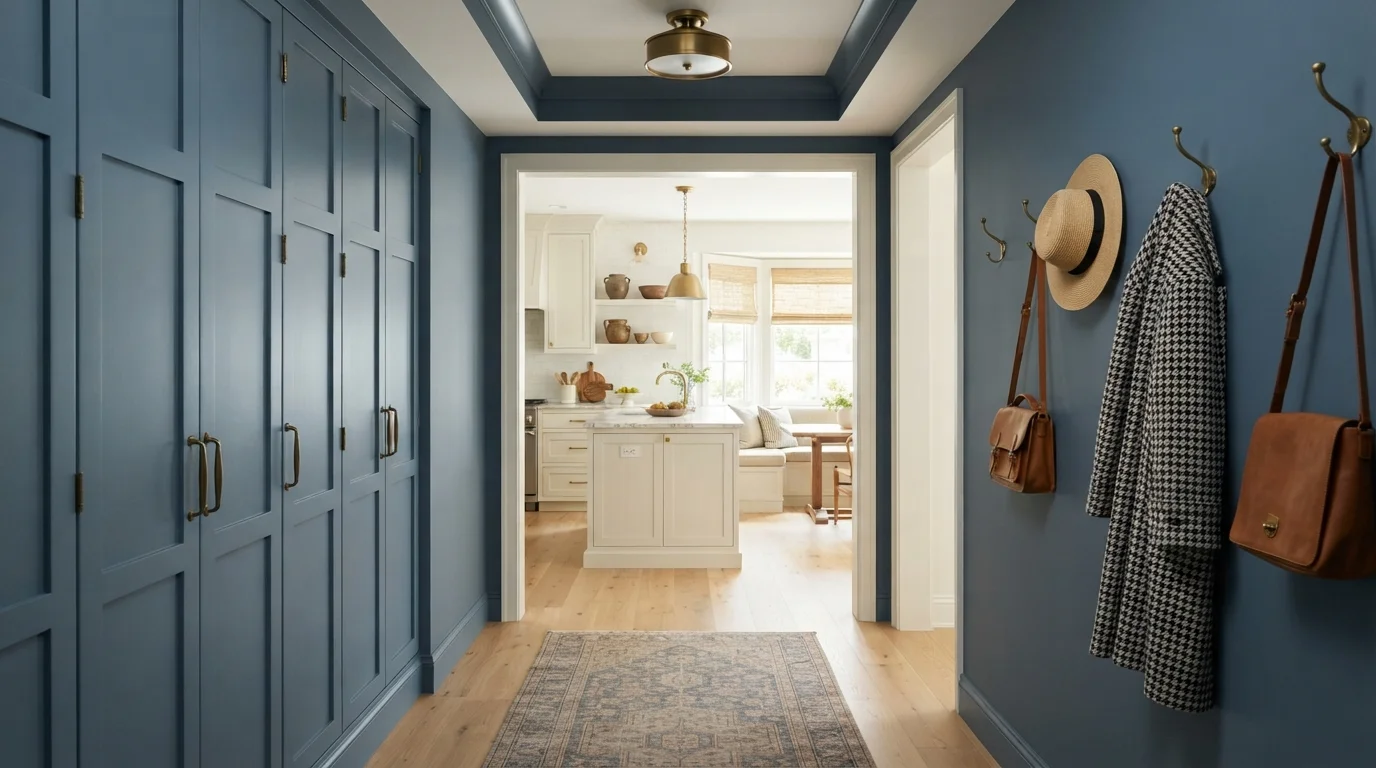 Slate Blue Corridor — blue hallway painted in Flattering Blue