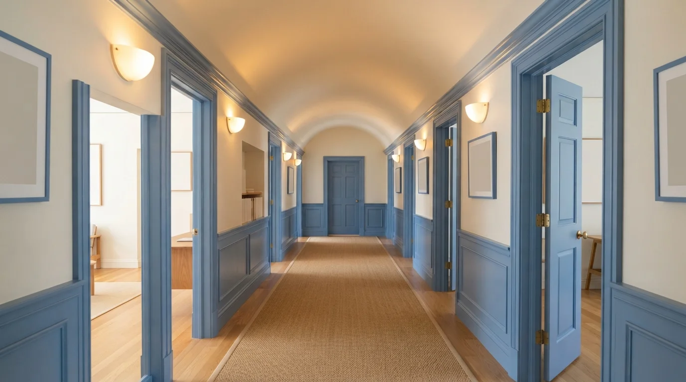 French Blue Hallway — blue hallway painted in Purity