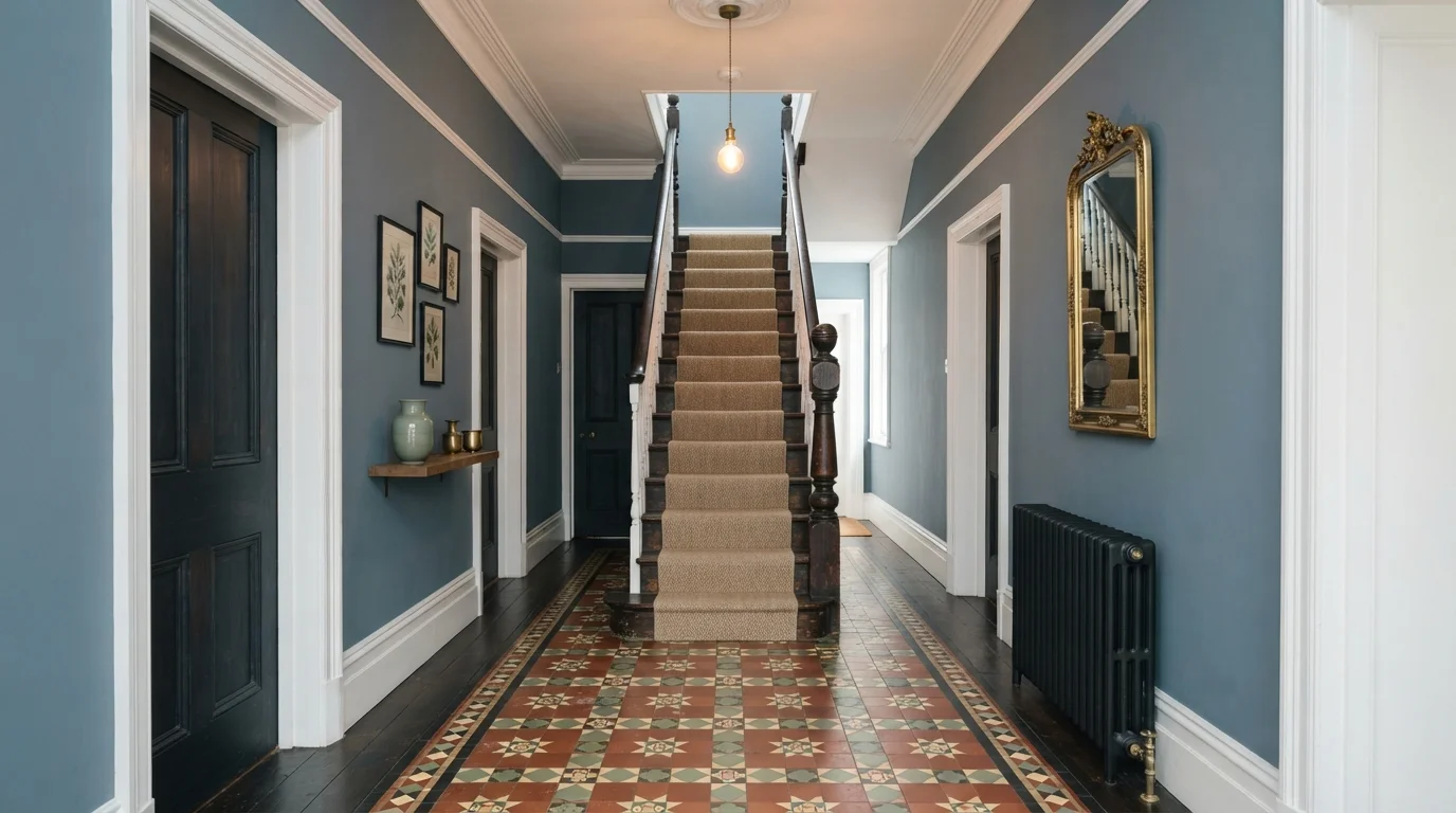 Victorian Slate Entryway — blue hallway painted in Canyon Blue