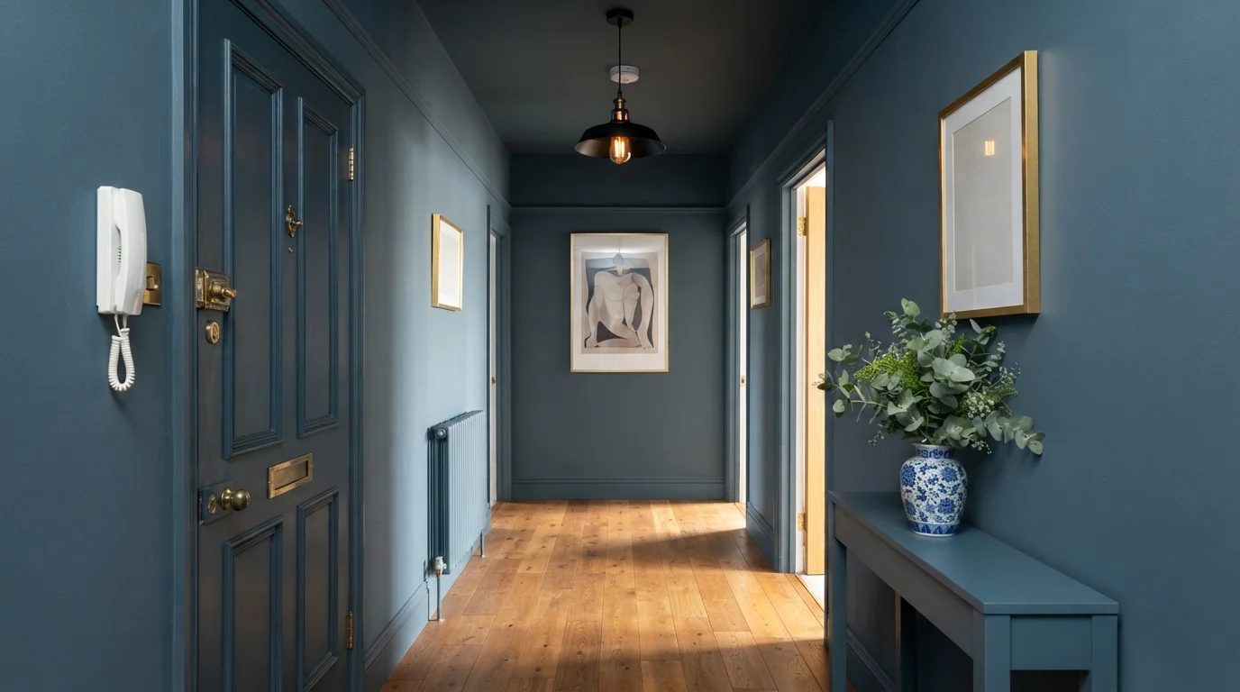 Slate Blue Corridor — blue hallway painted in Calligraphy