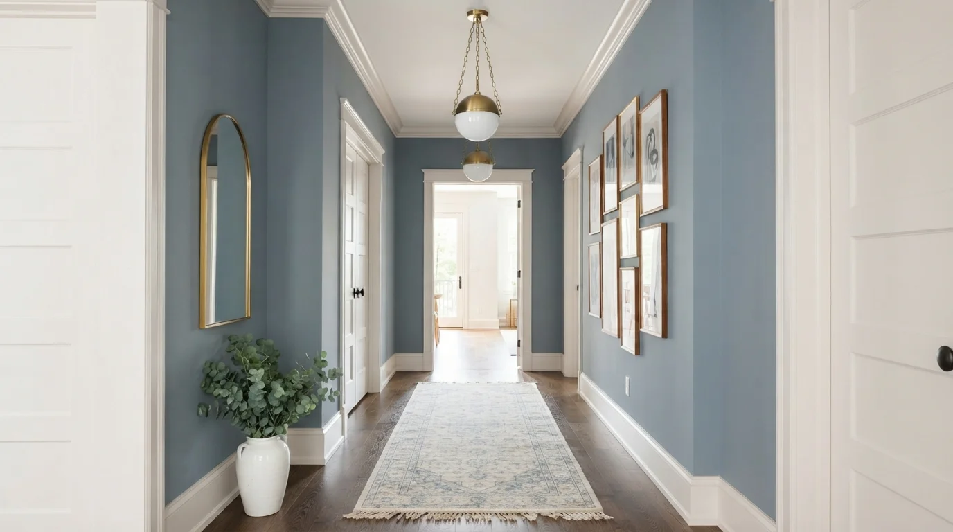 Dusty Slate Gallery — blue hallway painted in Royal Gray