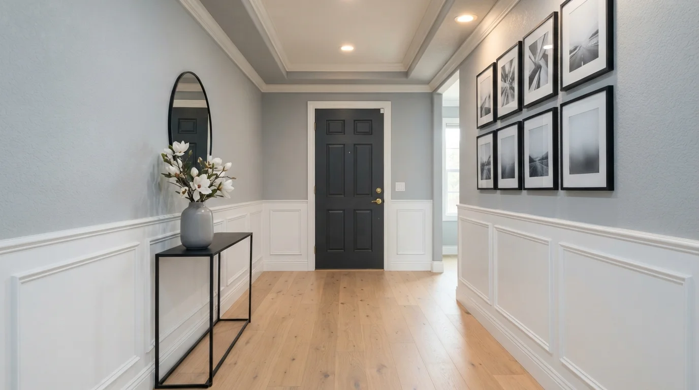 Tailored Slate Hallway — gray hallway painted in Metropolis Mood