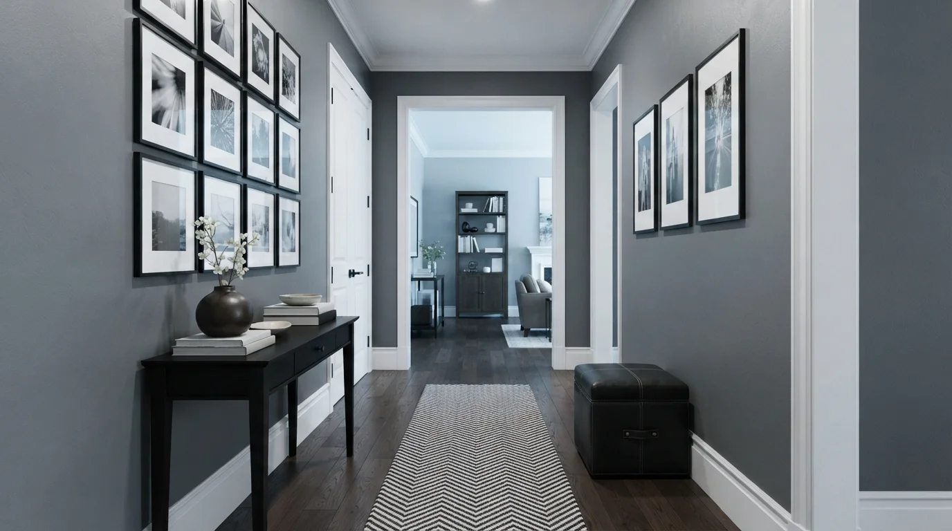 Monochrome Slate Gallery — gray hallway painted in Wall Street