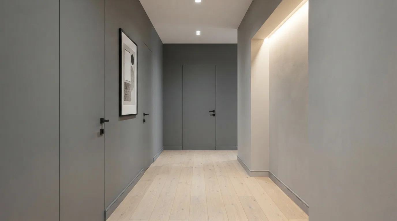 Modern Slate Corridor — gray hallway painted in Steel Wool