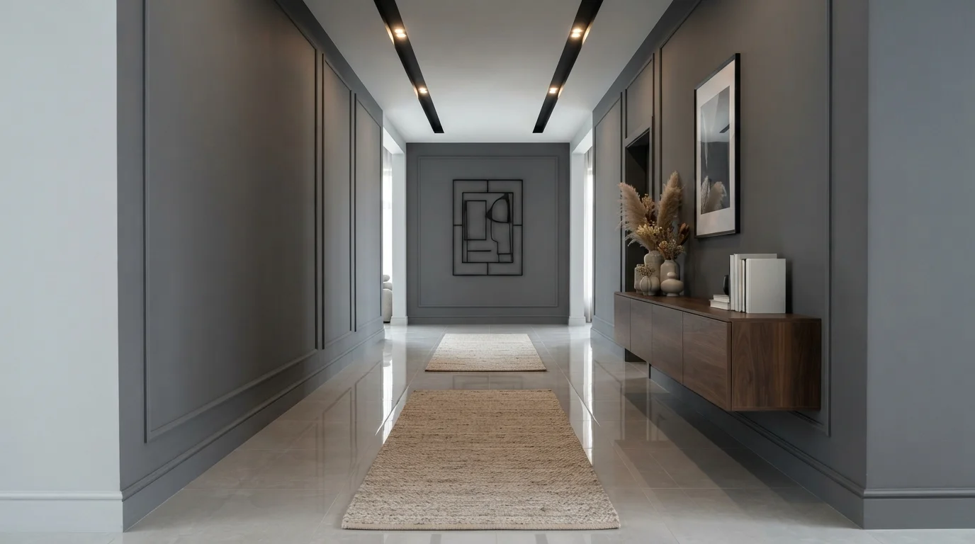 Urban Slate Corridor — gray hallway painted in Texas Storm