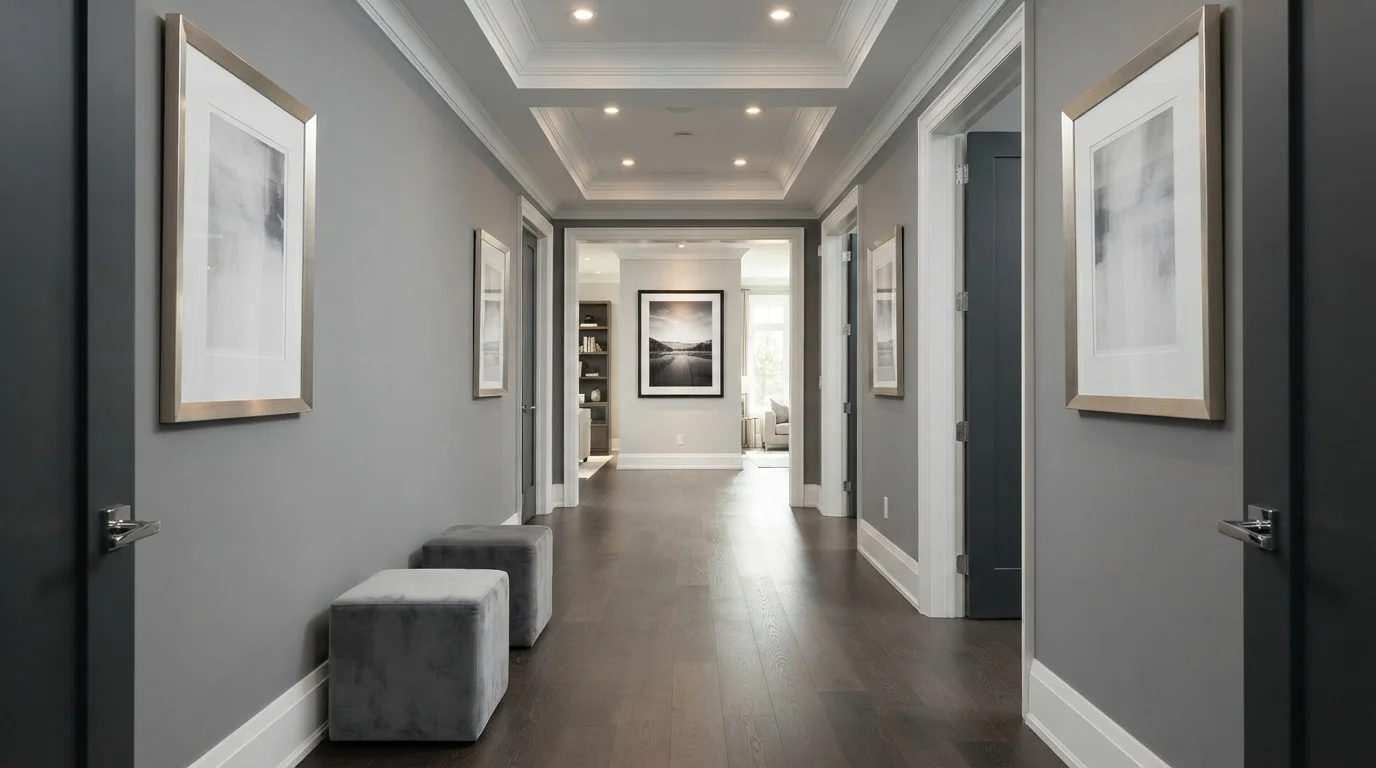 Sleek Slate Gallery — gray hallway painted in Silversmith Grey