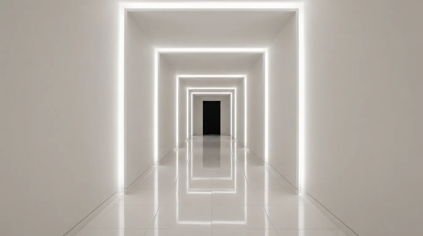Pure Luminous Corridor — white hallway painted in Coronation