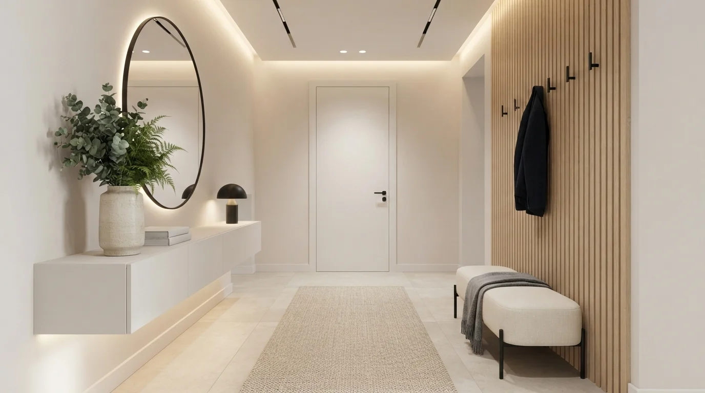 Warm Modern Foyer — white hallway painted in Castle Beige