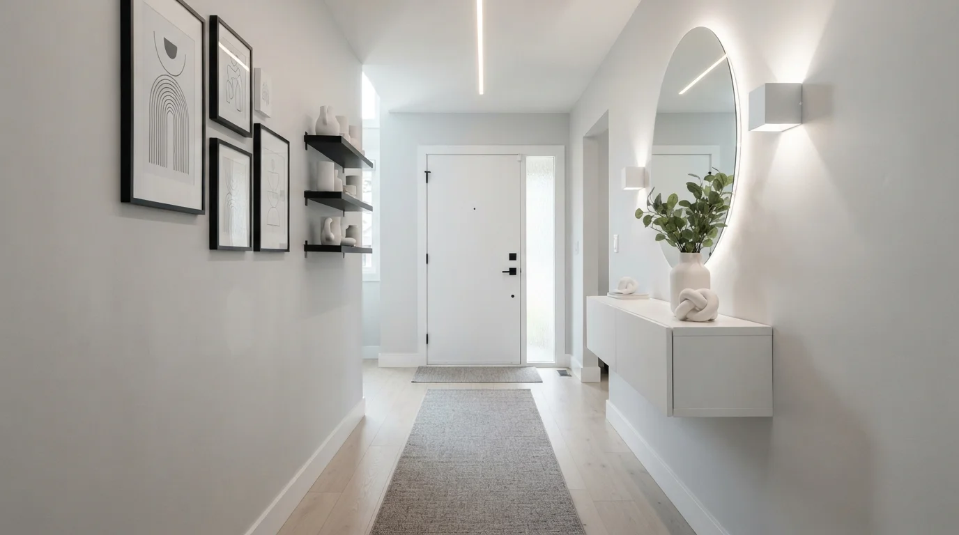 Modern Luminous Entryway — white hallway painted in Wayward Winds