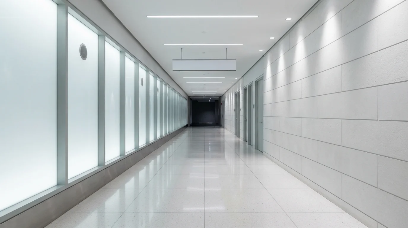 Crisp Modern Corridor — white hallway painted in Arctic Dawn