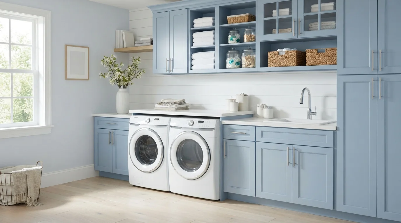 Powder Blue Serenity — blue laundry room painted in Distant Windchime