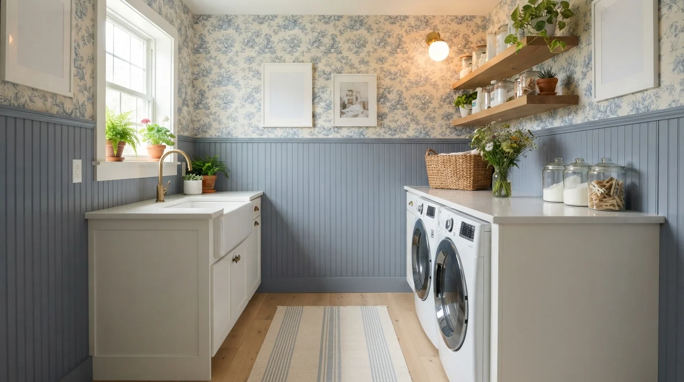 Dusty Blue Cottage — blue laundry room painted in Enchanted Evening Blue