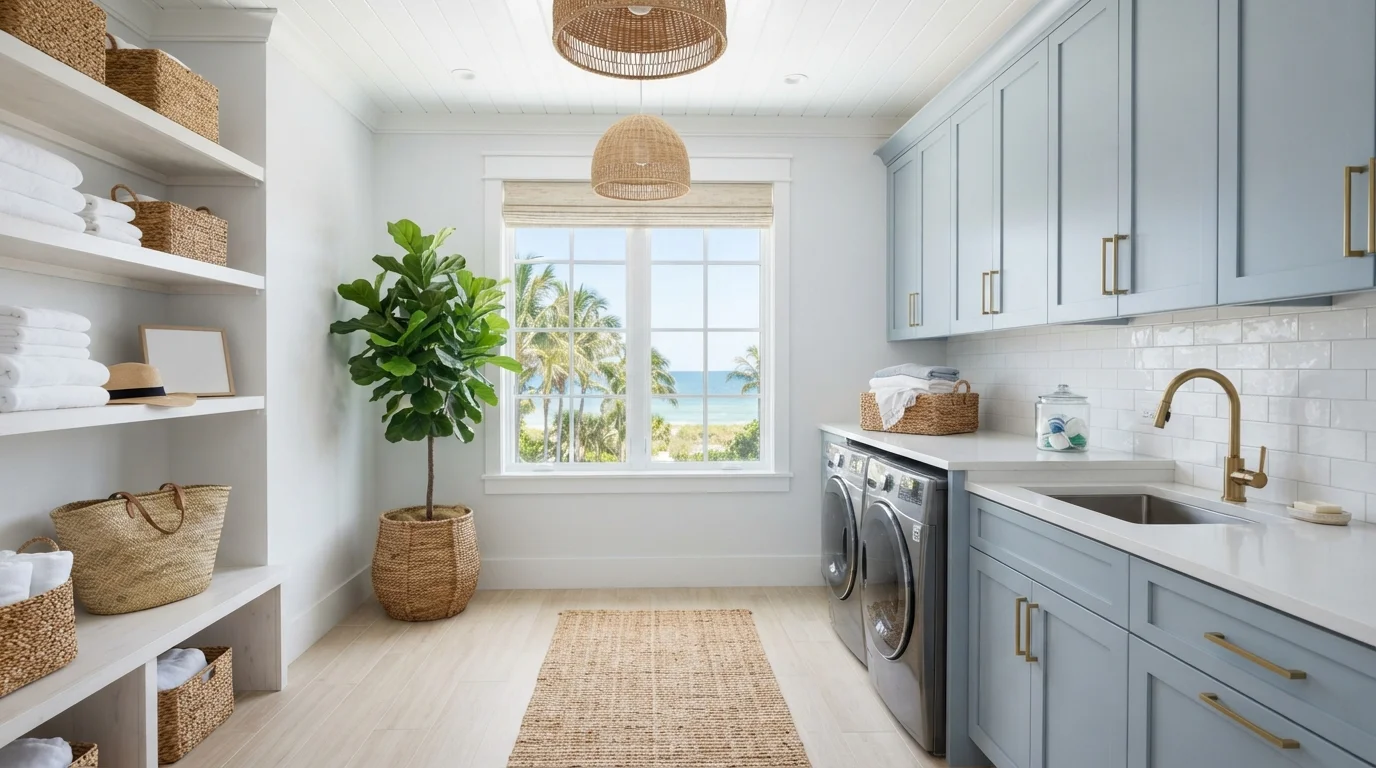 Breezy Coastal Laundry — blue laundry room painted in White Glove