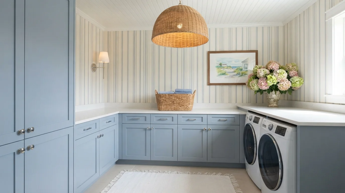 Breezy Powder Blue Laundry — blue laundry room painted in Crisped White