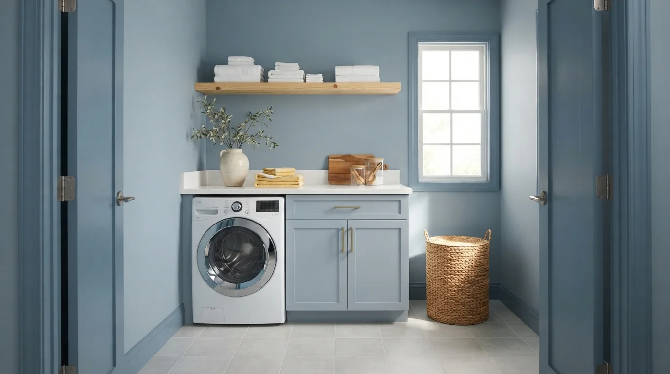 Coastal Slate Blue Laundry — blue laundry room painted in American Anthem