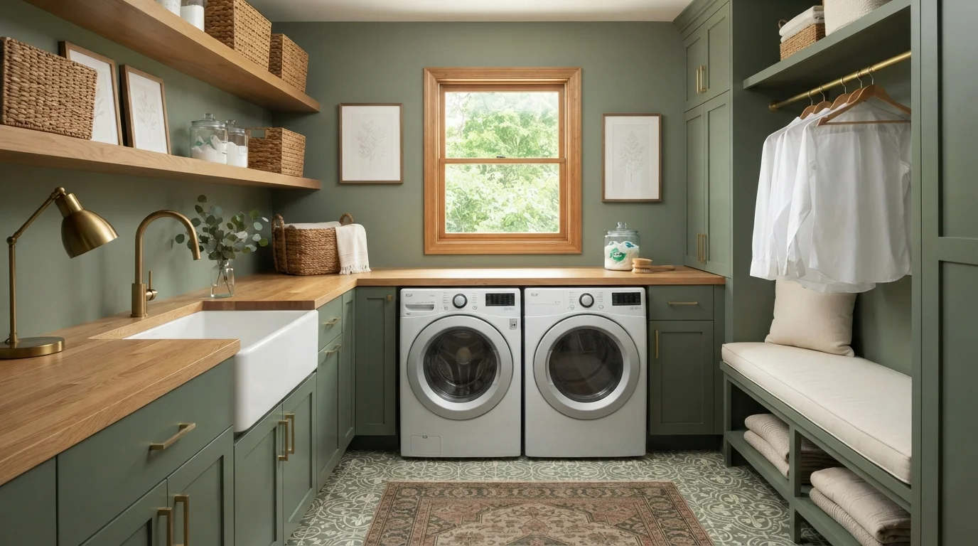 Sage Cottage Laundry — green laundry room painted in Eat Your Peas