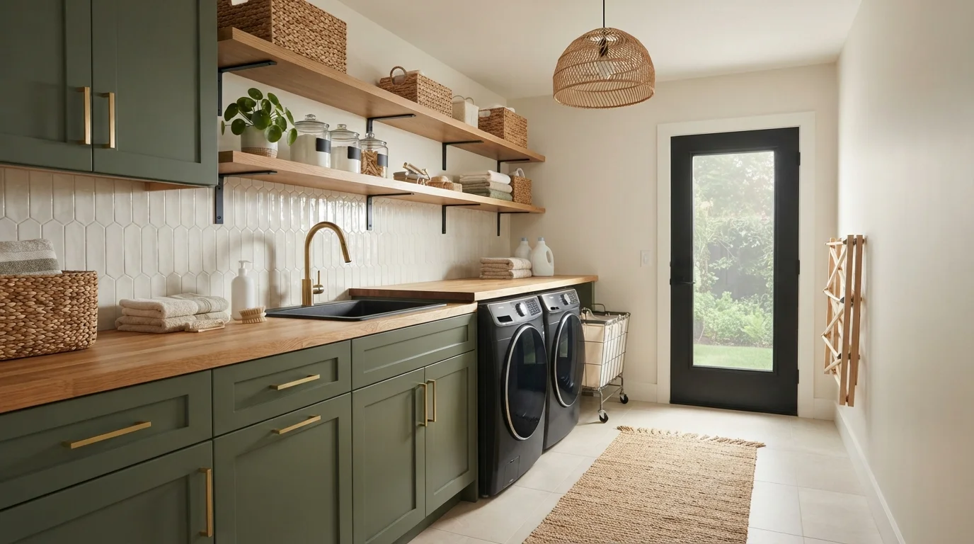 Olive and Oak Laundry — green laundry room painted in Irish Cream