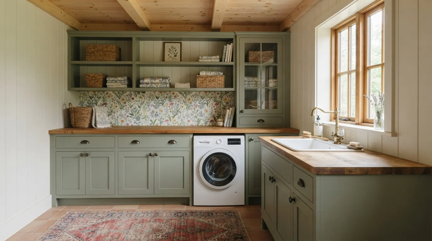 Cottage Garden Laundry — green laundry room painted in Oyster White