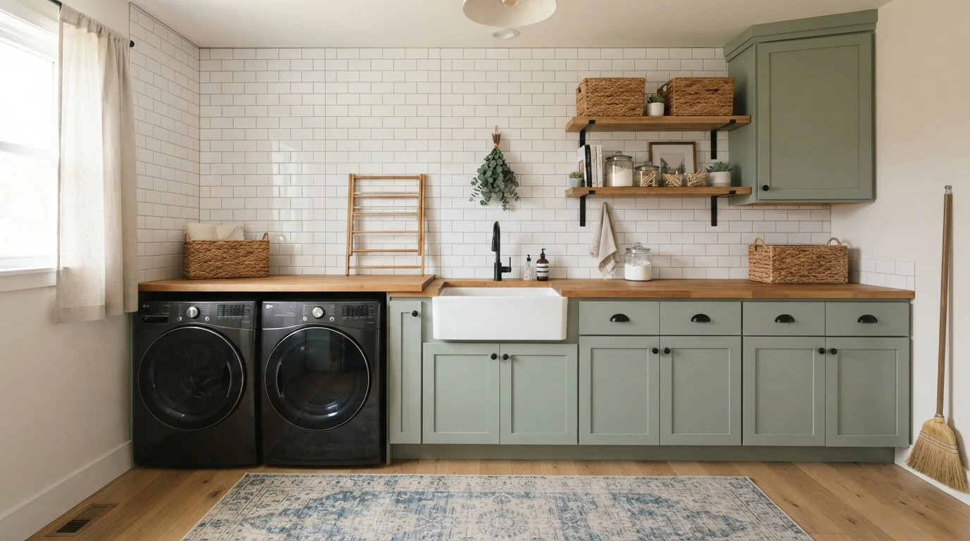 Sage Farmhouse Laundry — green laundry room painted in Incognito