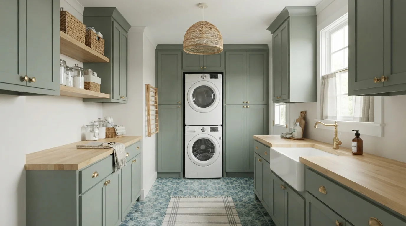 Sage Laundry Haven — green laundry room painted in Wedding White