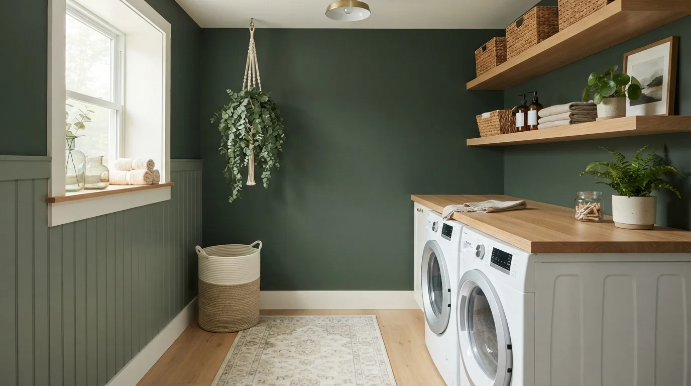 Forest Haven Laundry — green laundry room painted in Deep Forest