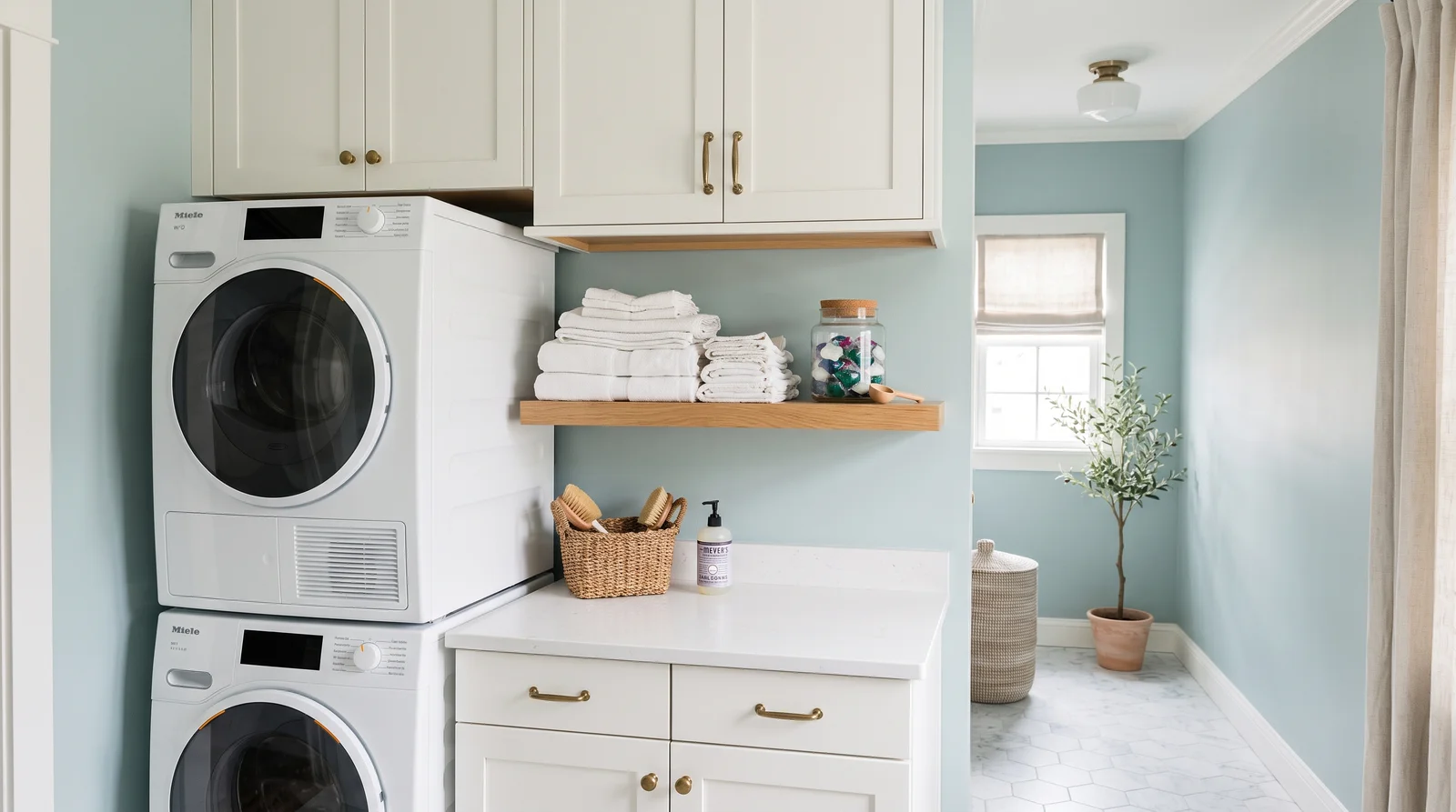 Clean Linen Blue — laundry room painted in Palladian Blue