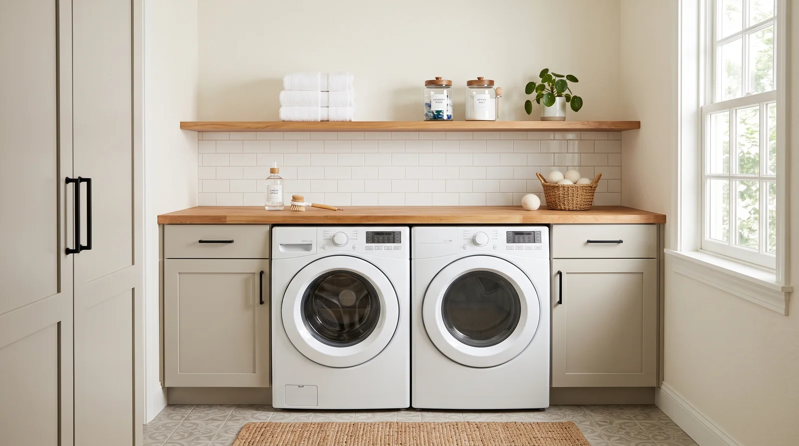warm whites over stark white — trending laundry room colors 2026