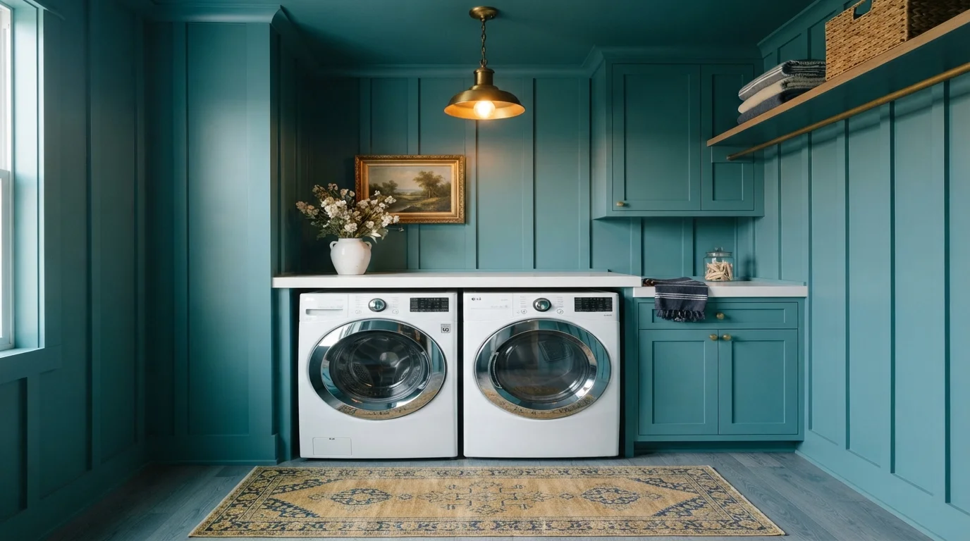 Moody Teal Laundry — teal laundry room painted in Brave New Teal