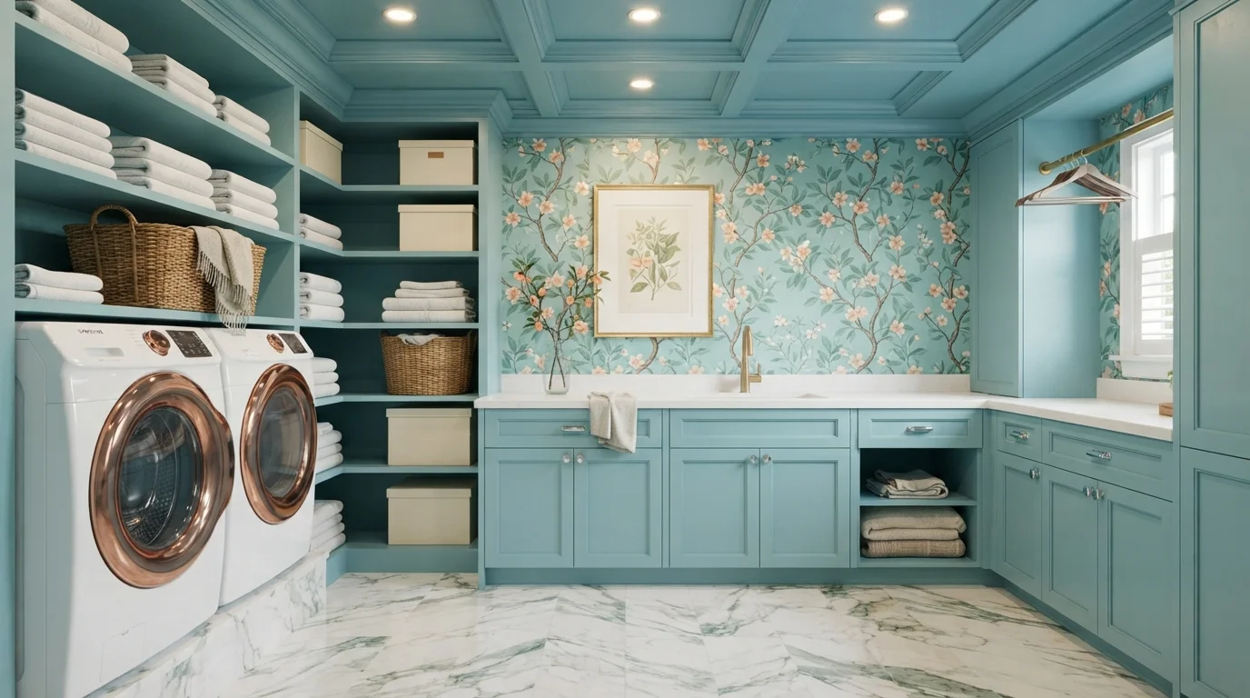 Aqua Bloom Laundry — teal laundry room painted in Polished Aqua