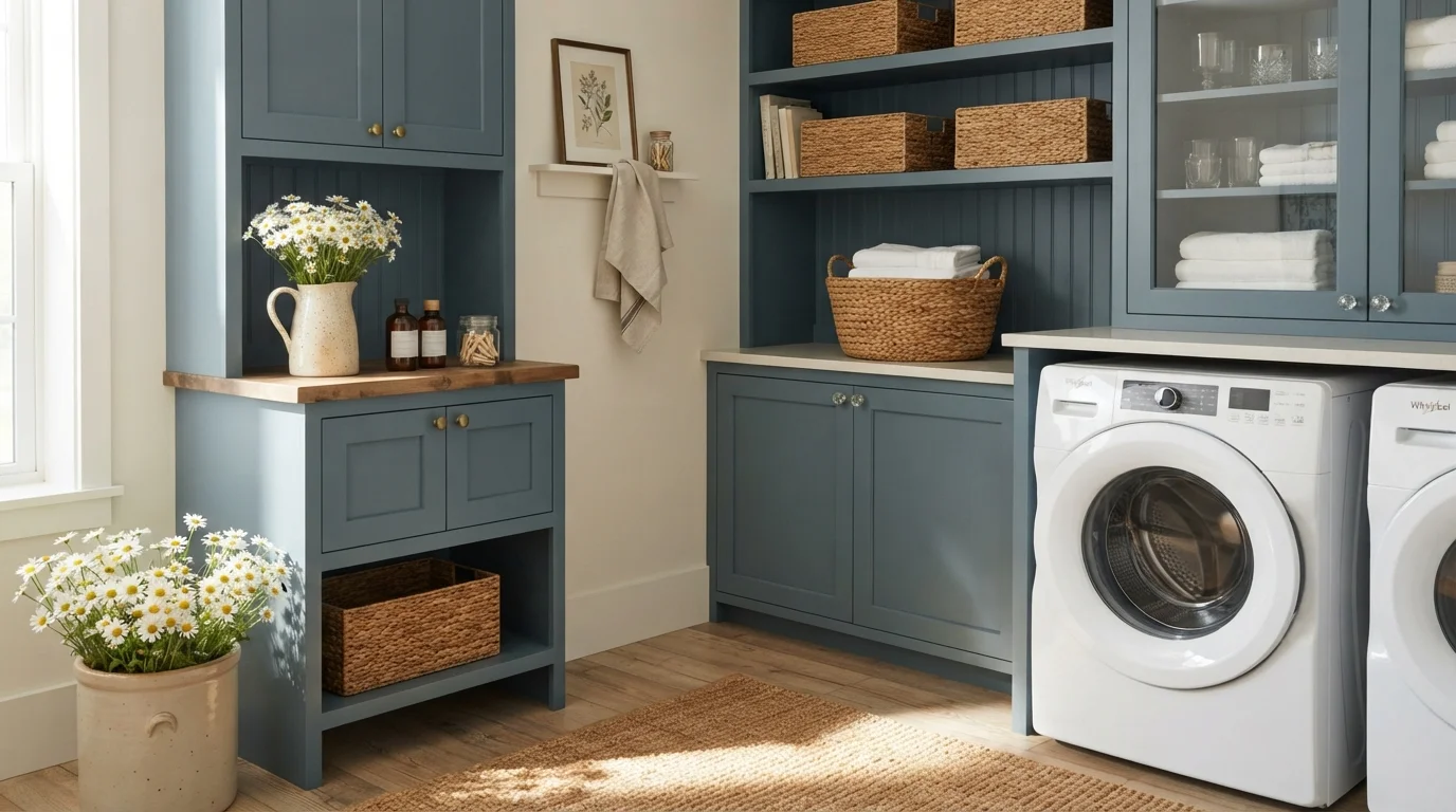 Slate Blue Laundry Nook — teal laundry room painted in Blue Skies