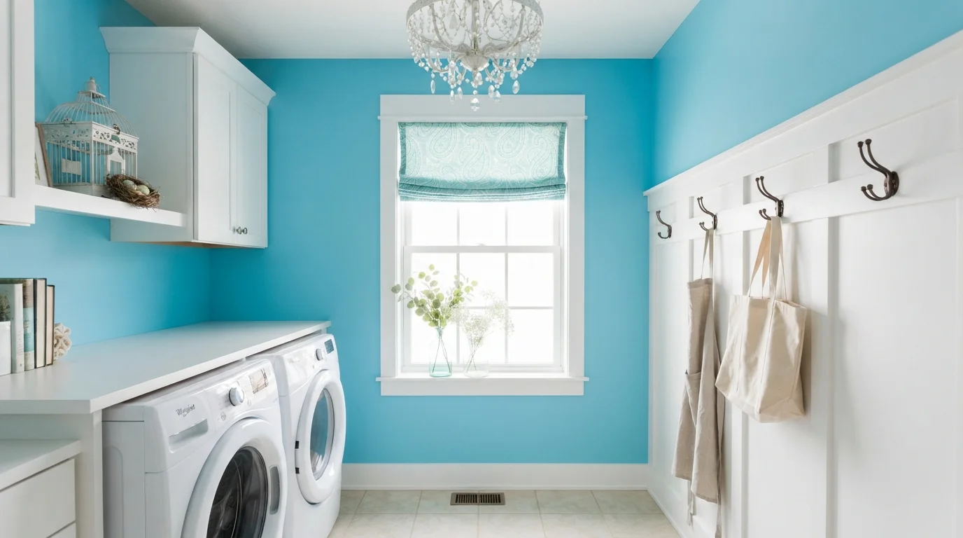 Robin's Egg Refresh — teal laundry room painted in Fairy Tale Blue