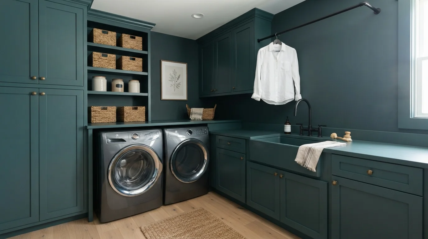 Moody Teal Monochrome — teal laundry room painted in Night Shade