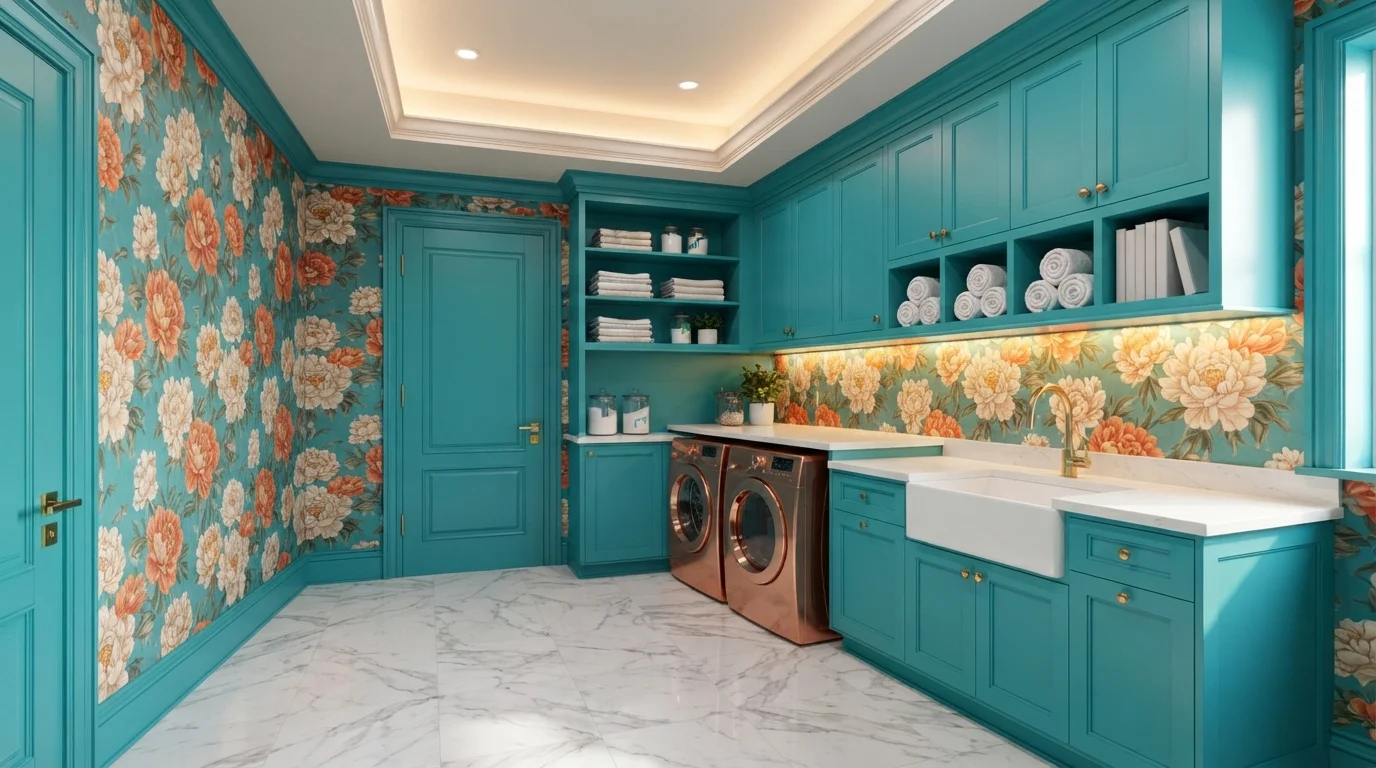 Turquoise & Copper Glam — teal laundry room painted in Surfer