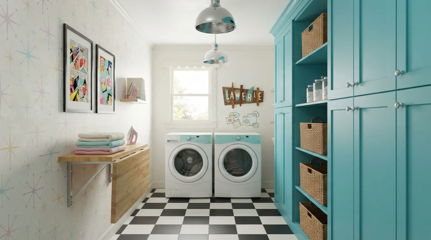Retro Pop Turquoise — teal laundry room painted in Whisper White