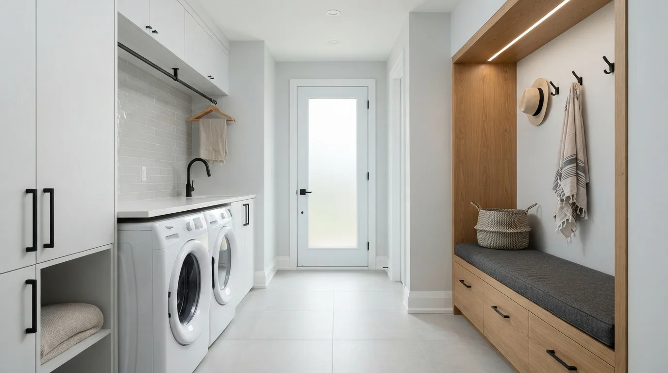 Crisp White Utility — white laundry room painted in Glistening Moonlight