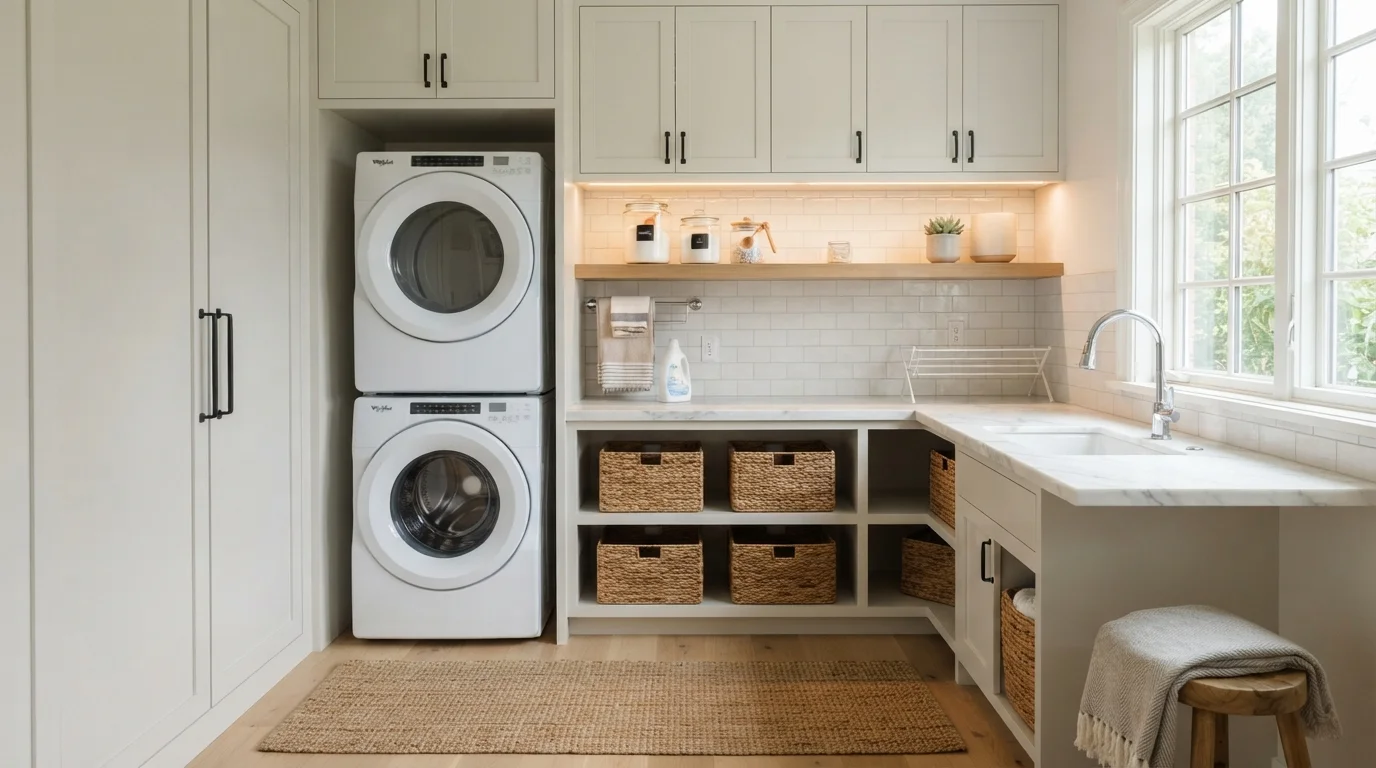 Crisp Farmhouse Laundry — white laundry room painted in Du Jour