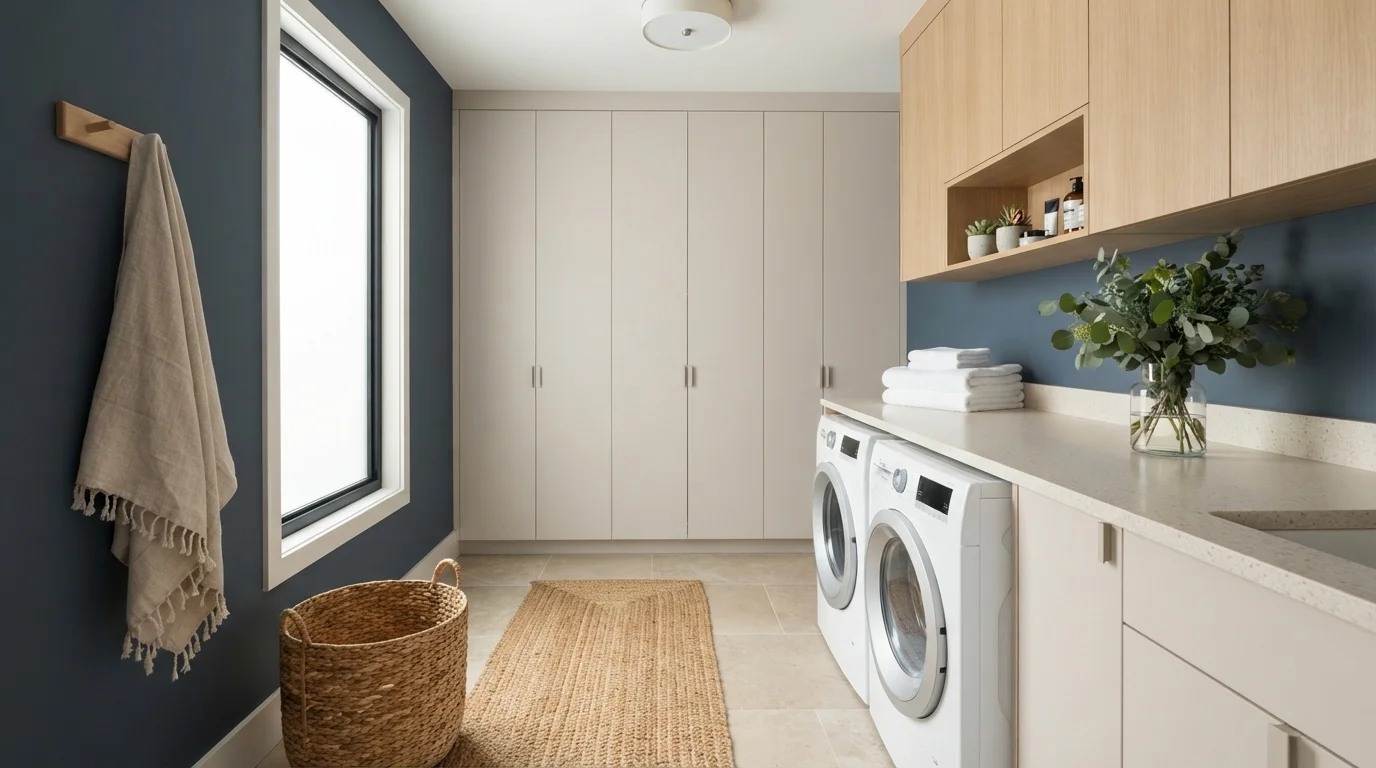 Warm Minimalist Laundry — white laundry room painted in Navy Bean
