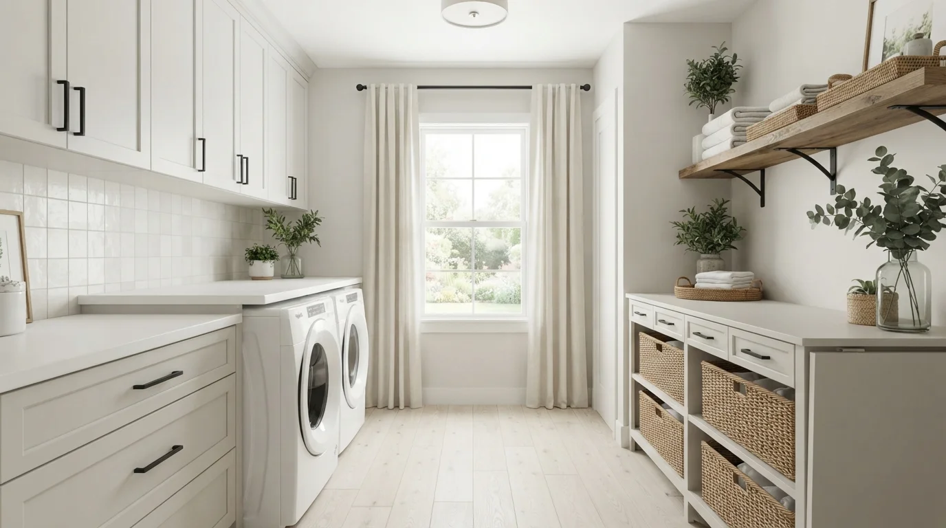 Crisp Linen Farmhouse — white laundry room painted in White Sand