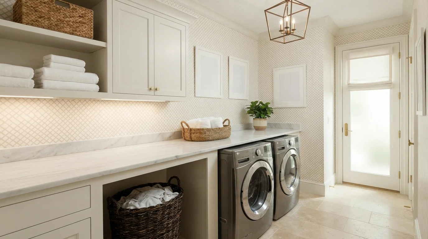 Warm Ivory Laundry Suite — white laundry room painted in Wedding White